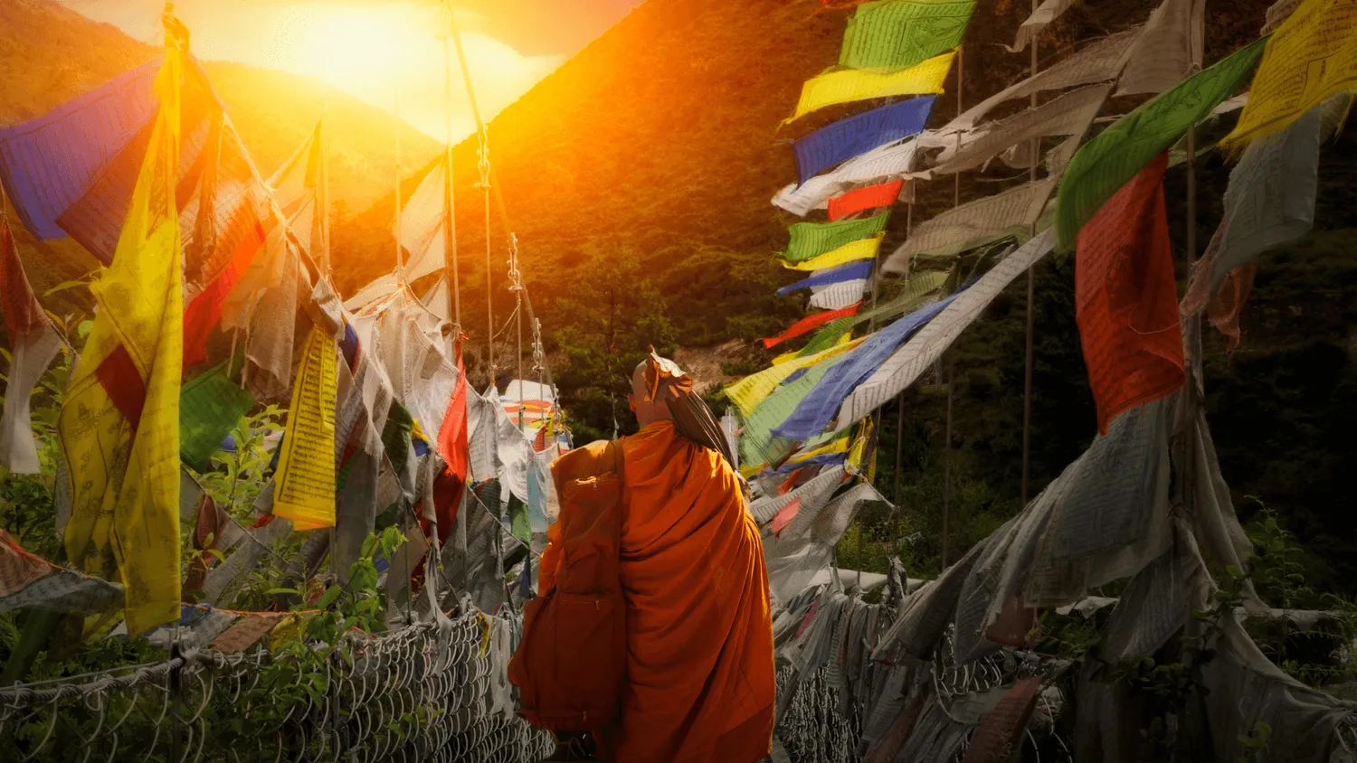 Bhutan Explorer Prayer Flags Monk