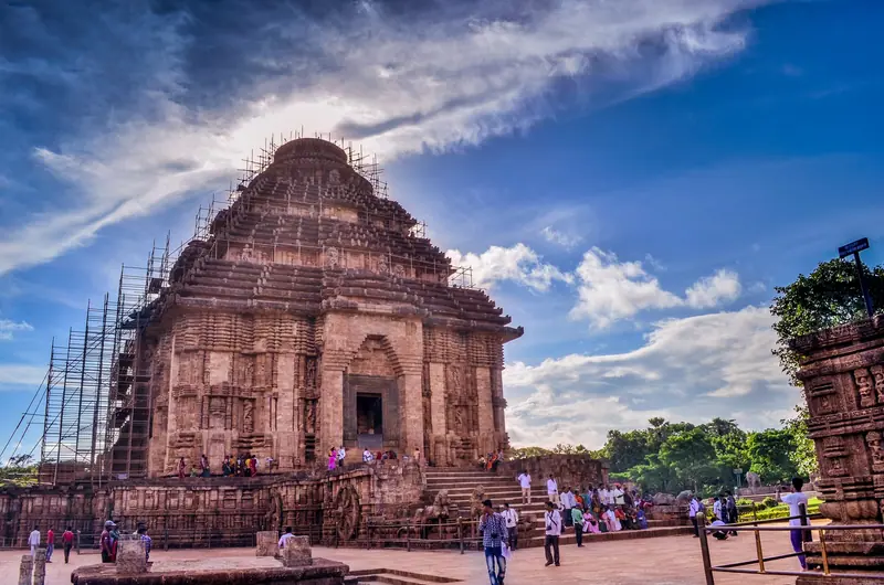 Konark Sun Temple in Odisha beneath a blue sky