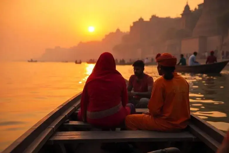 Pilgrims in a boat on the river at sunrise