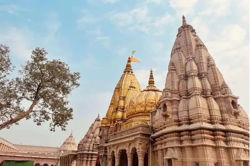 Carved temple spires with a flag against the sky